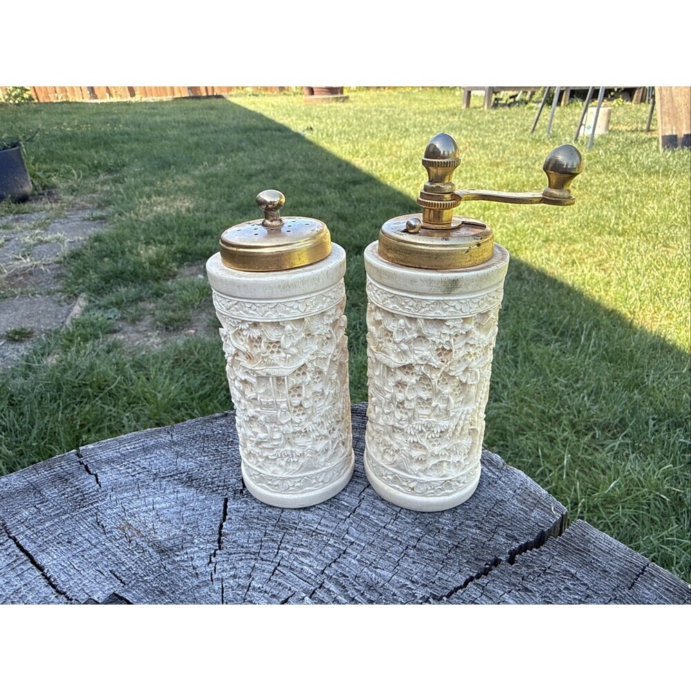 Vintage Carved Resin Oriental Salt Shaker & Pepper Grinder ~ Made in Italy